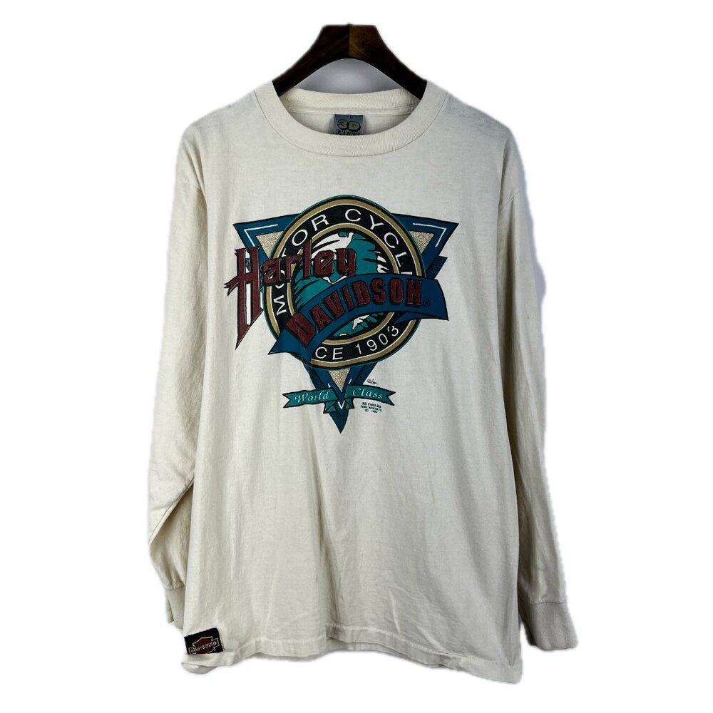 1991 Harley Davidson 3D Emblem D&C Cycle Eureka Mo White T-shirt Size L USA